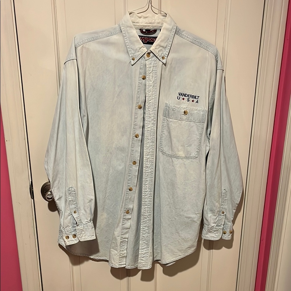 Vintage Jansport Blue Denim Vanderbilt flag Shirt